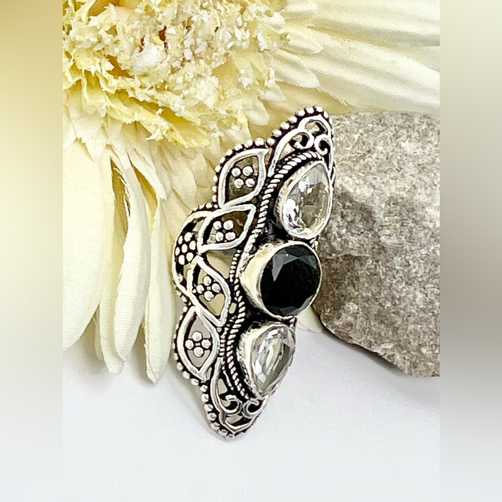 BLACK ONYX/WHITE TOPAZ RING - Picture 7 of 11